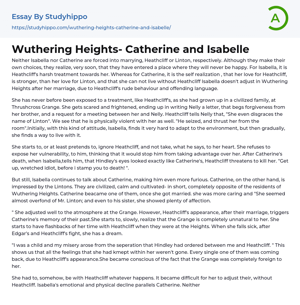 Wuthering Heights Catherine and Isabelle Essay Example