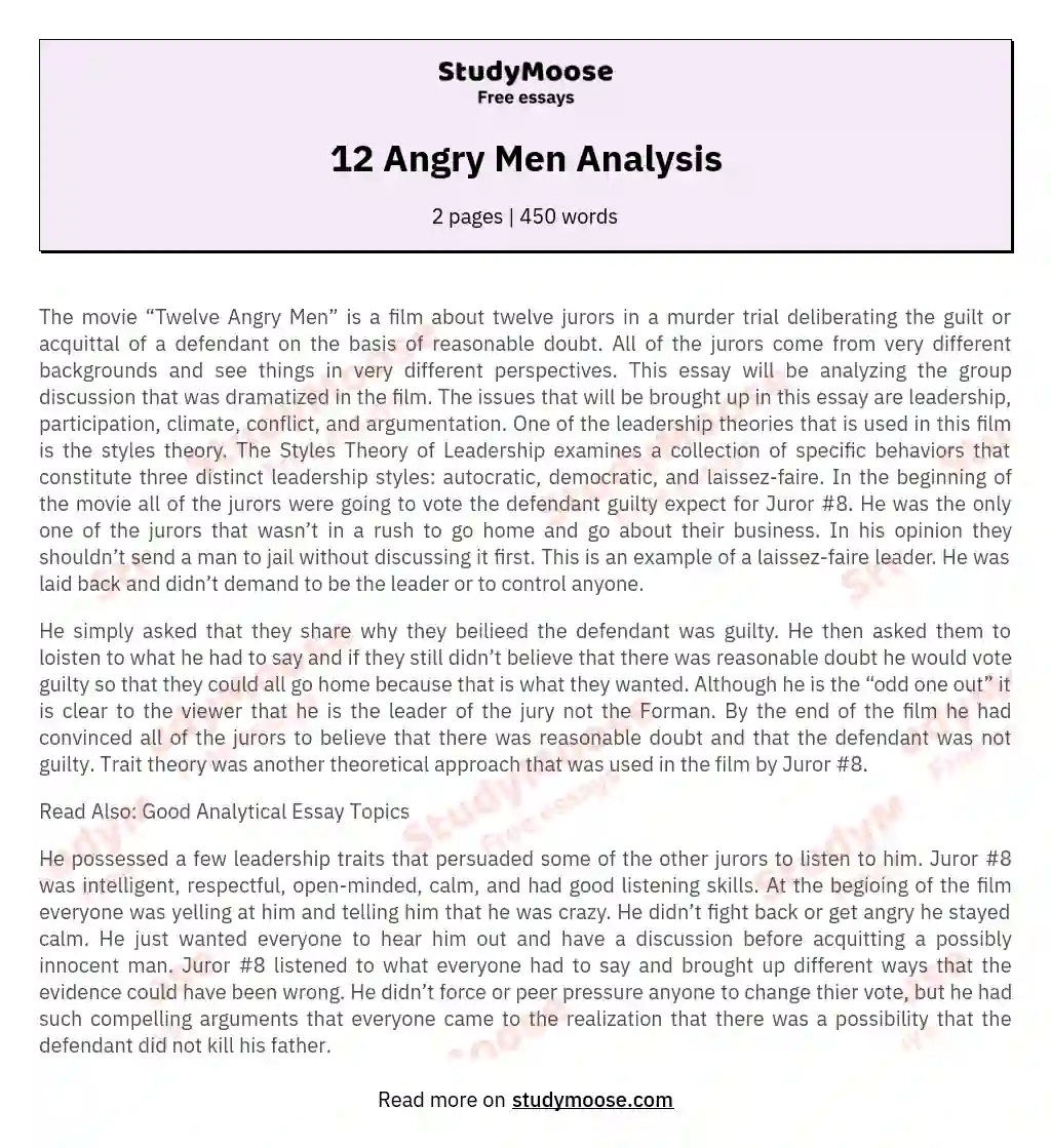 12 Angry Men Analysis Free Essay Example