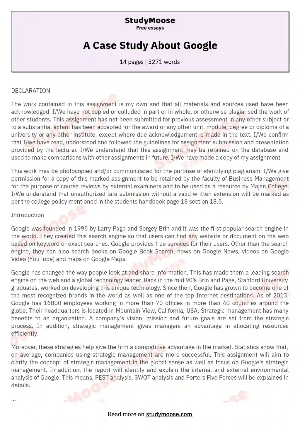 A Case Study About Google Free Essay Example