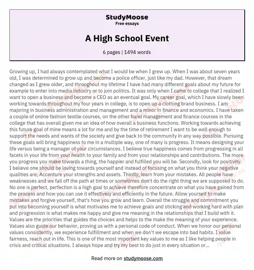 A High School Event Free Essay Example