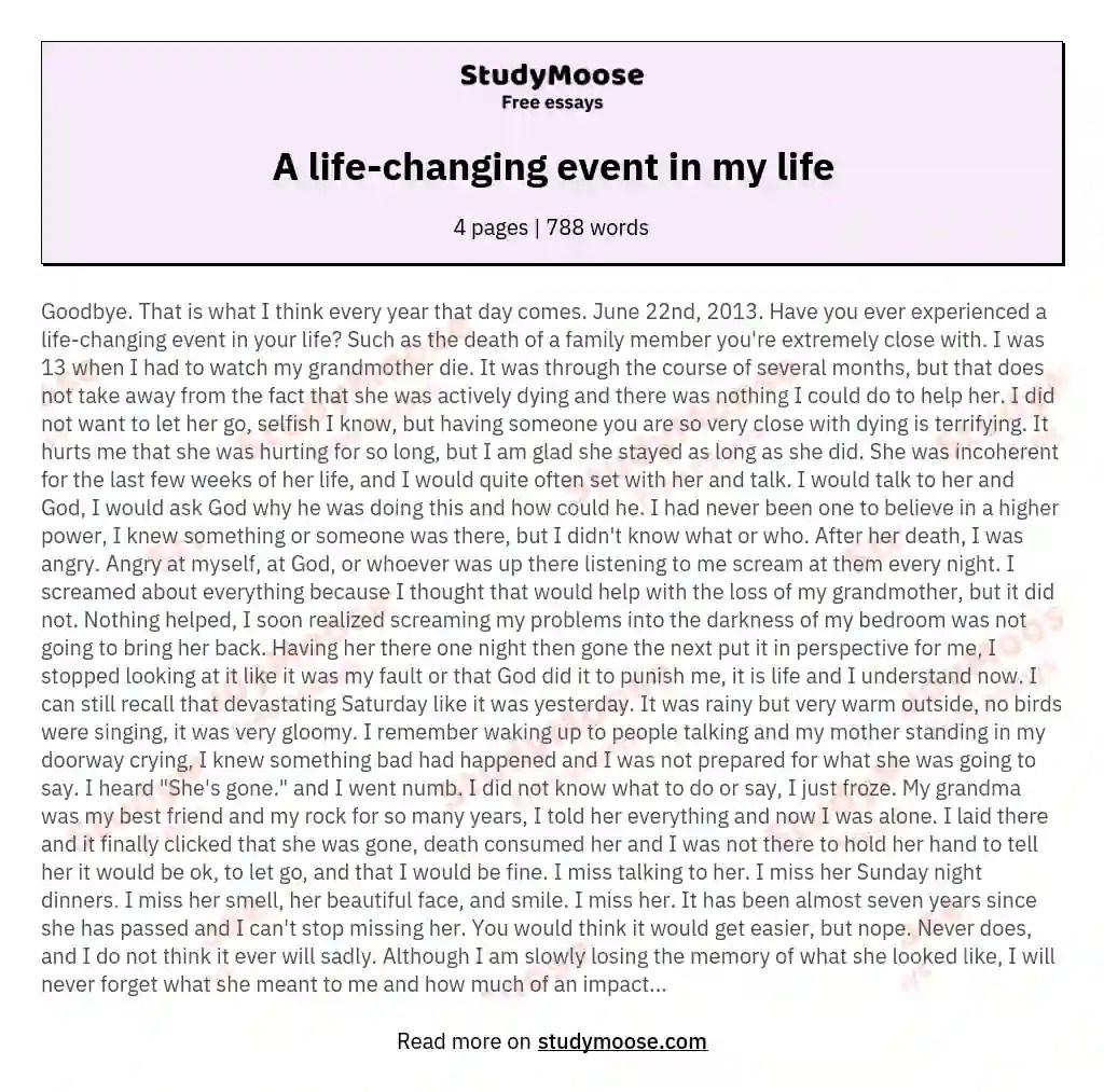 A lifechanging event in my life Free Essay Example