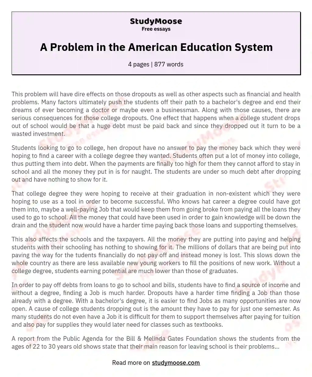 A Problem in the American Education System Free Essay Example