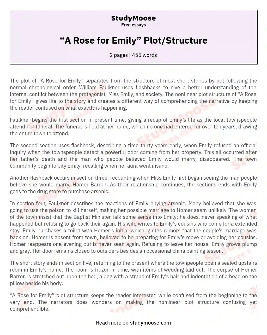 “A Rose for Emily” Plot/Structure Free Essay Example