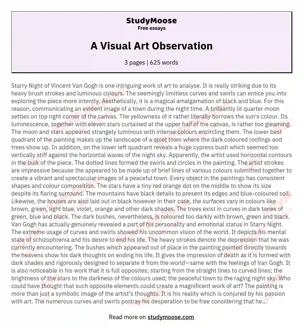 A Visual Art Observation Free Essay Example