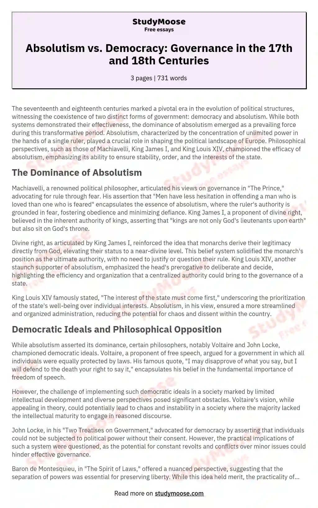 Absolutism vs. Democracy: Governance in the 17th and 18th Centuries