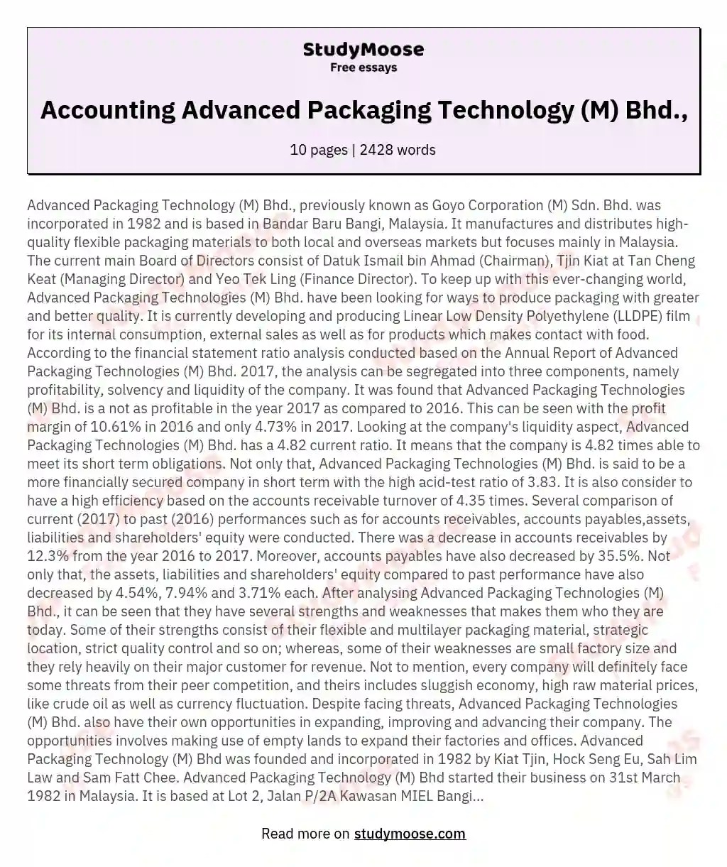 Accounting Advanced Packaging Technology (M) Bhd., Free Essay Example