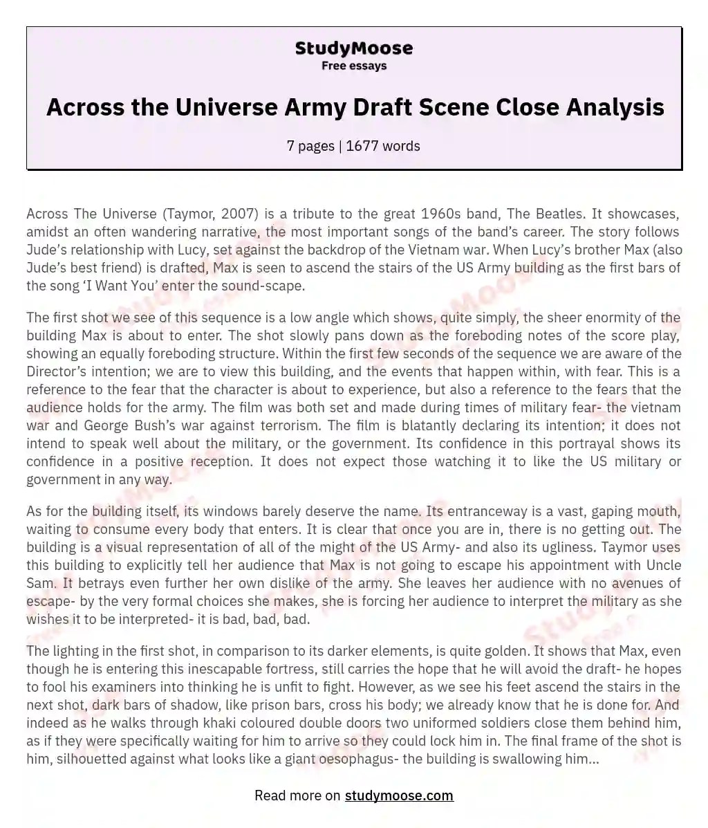 Across the Universe Army Draft Scene Close Analysis Free Essay Example