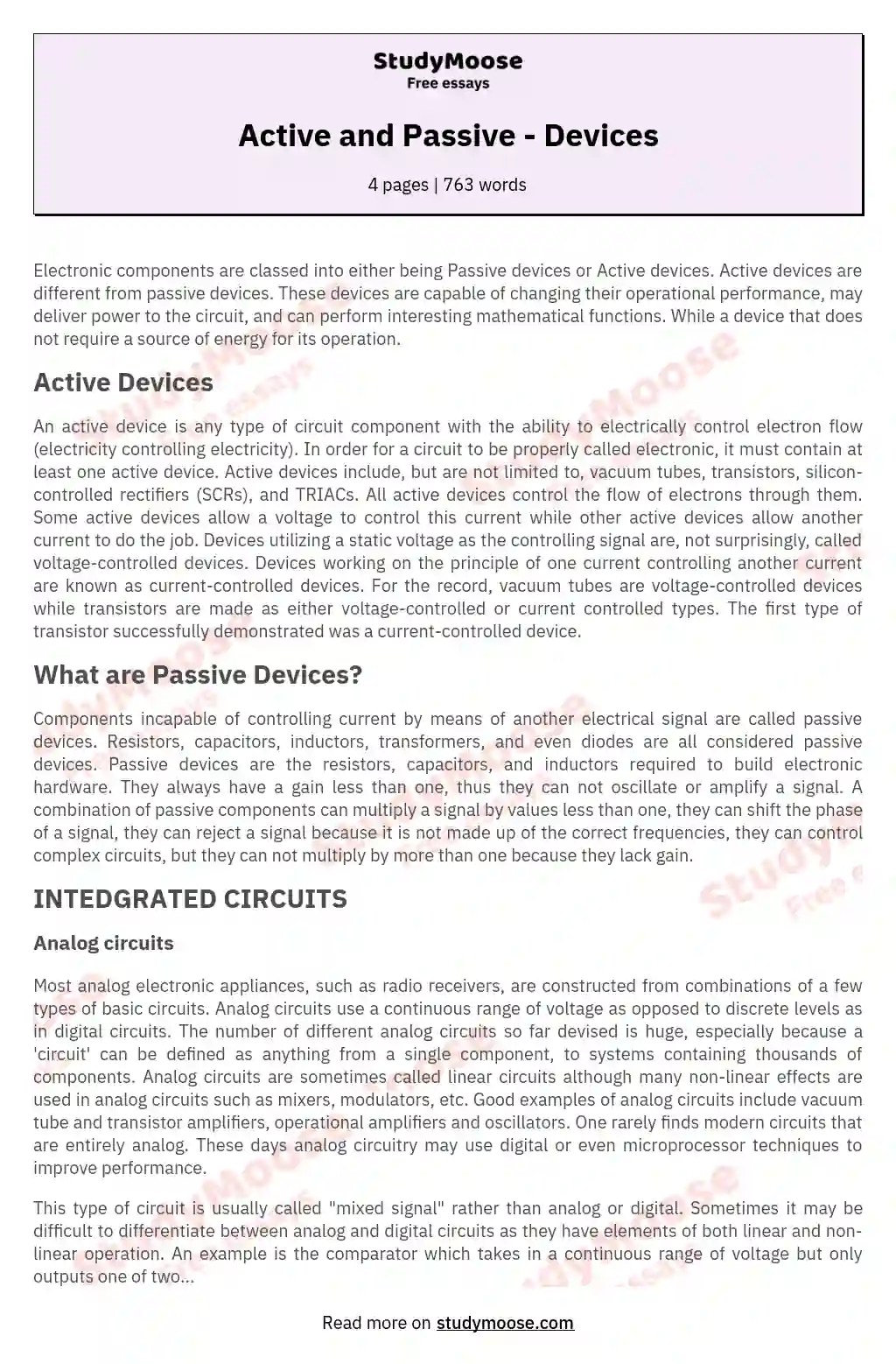 Active and Passive Devices Free comparison essay example, compare