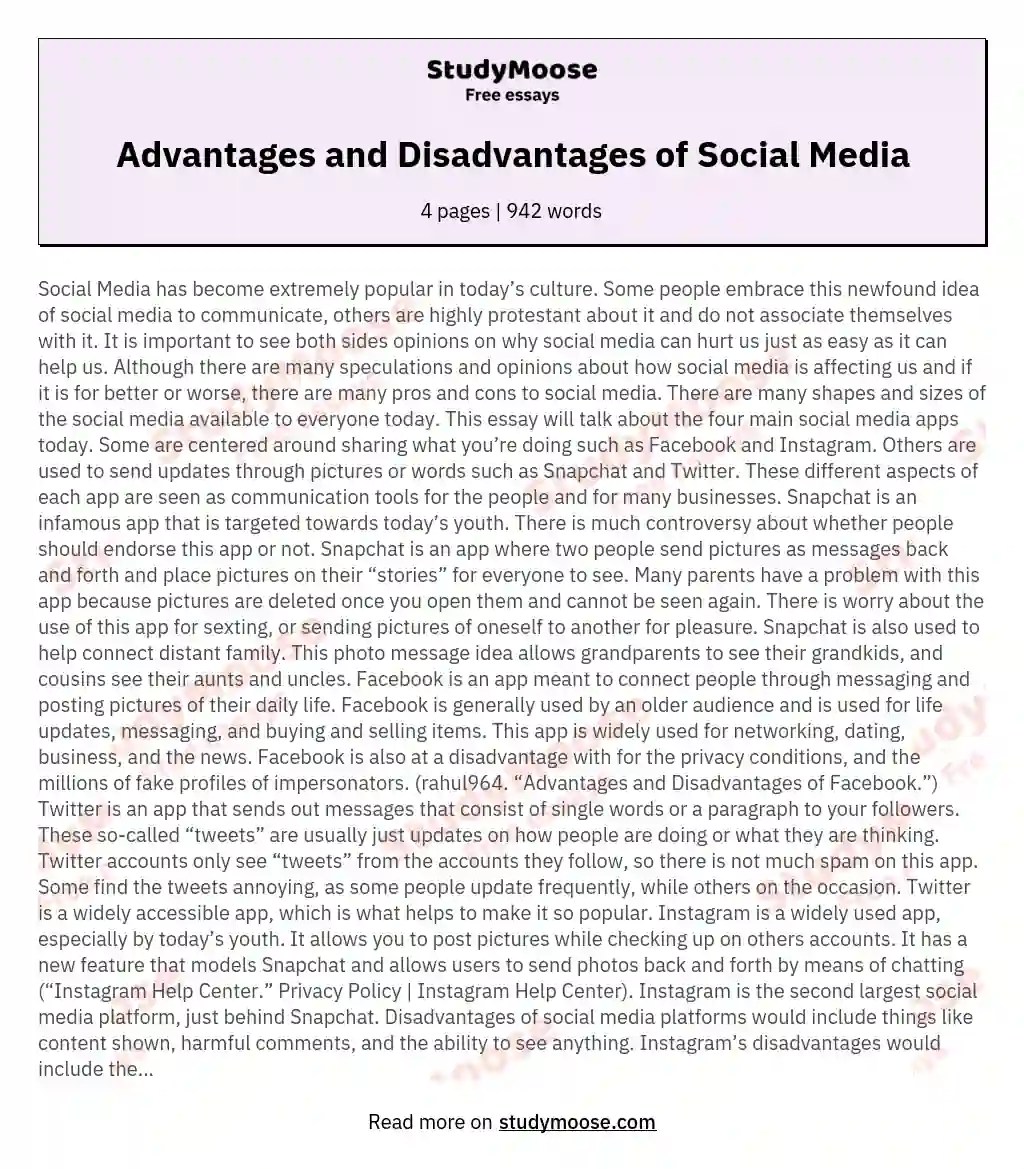 Advantages and Disadvantages of Social Media Free Essay Example