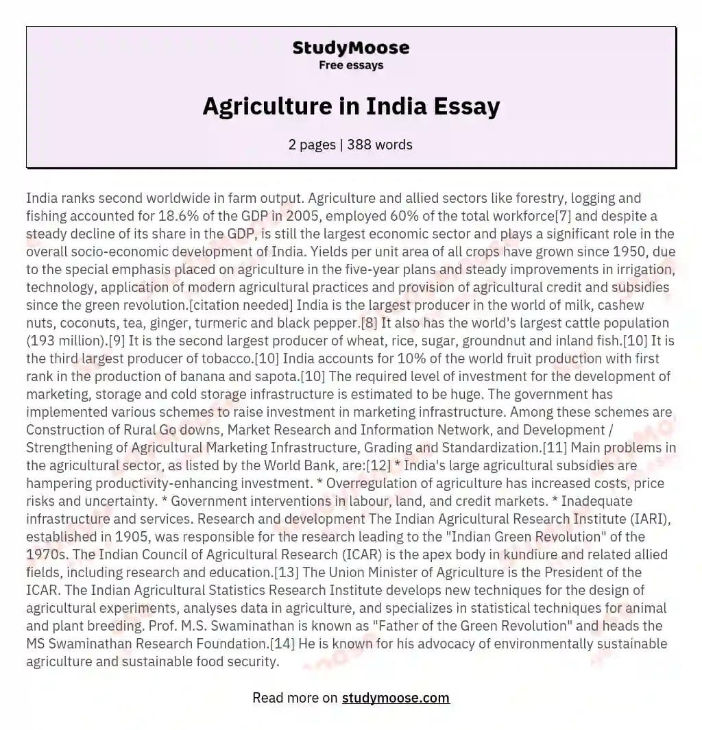 Agriculture in India Essay Free Essay Example