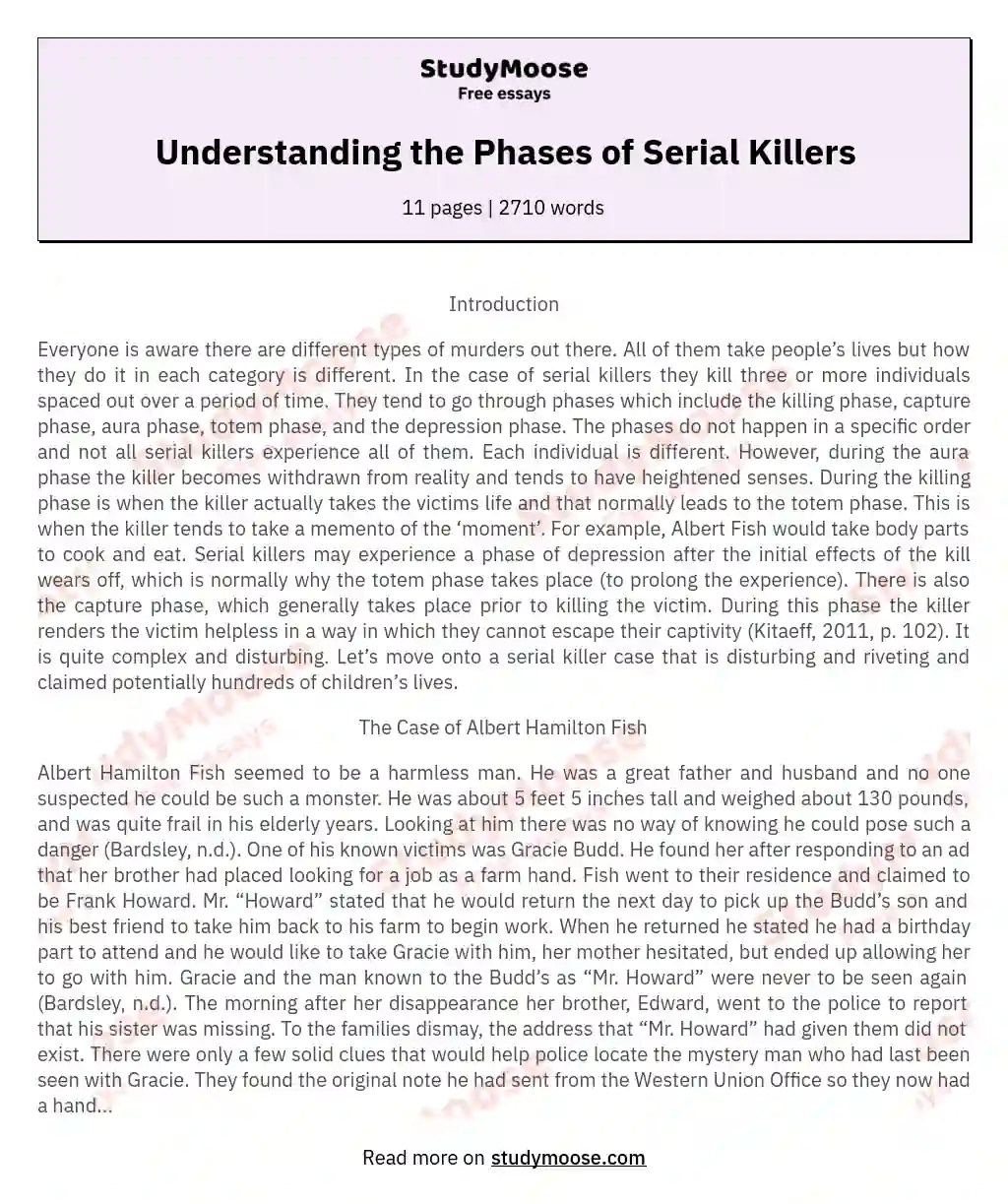 Understanding the Phases of Serial Killers Free Essay Example