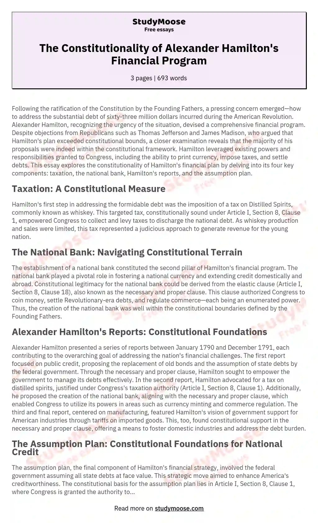 The Constitutionality of Alexander Hamilton's Financial Program Free
