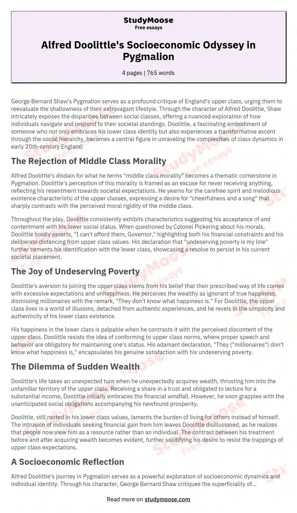 Alfred Doolittle's Socioeconomic Odyssey in Pygmalion Free Essay Example