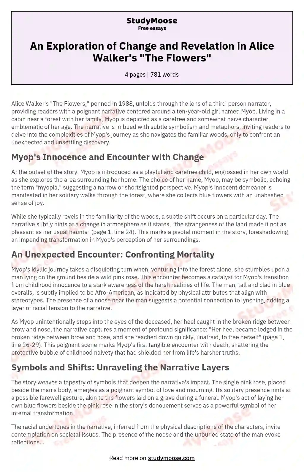 An Exploration of Change and Revelation in Alice Walker's "The Flowers" Free Essay Example