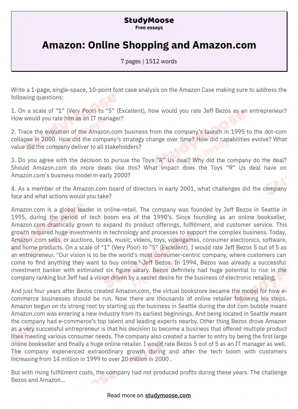 Amazon Online Shopping and Free Essay Example