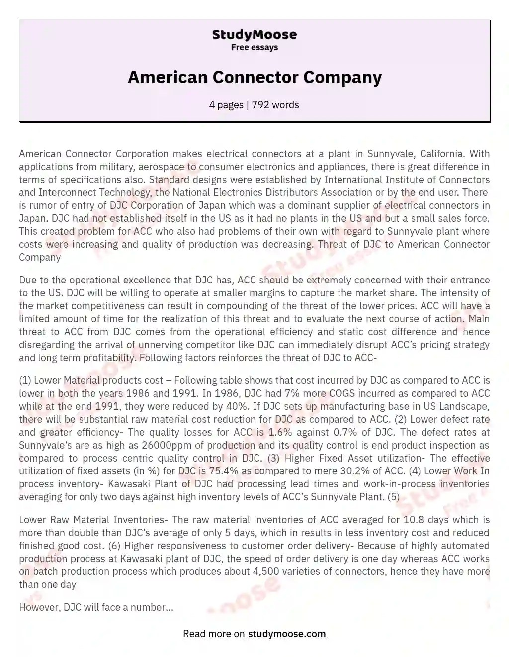 American Connector Company Free Essay Example