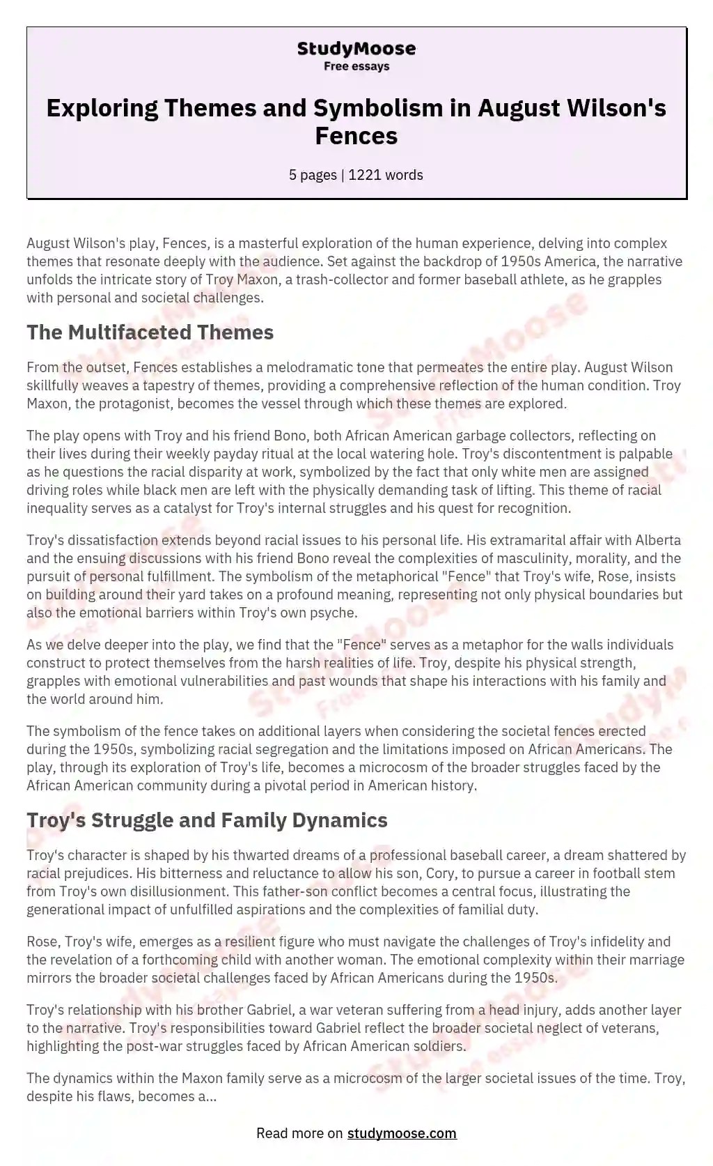 Exploring Themes and Symbolism in August Wilson's Fences Free Essay Example