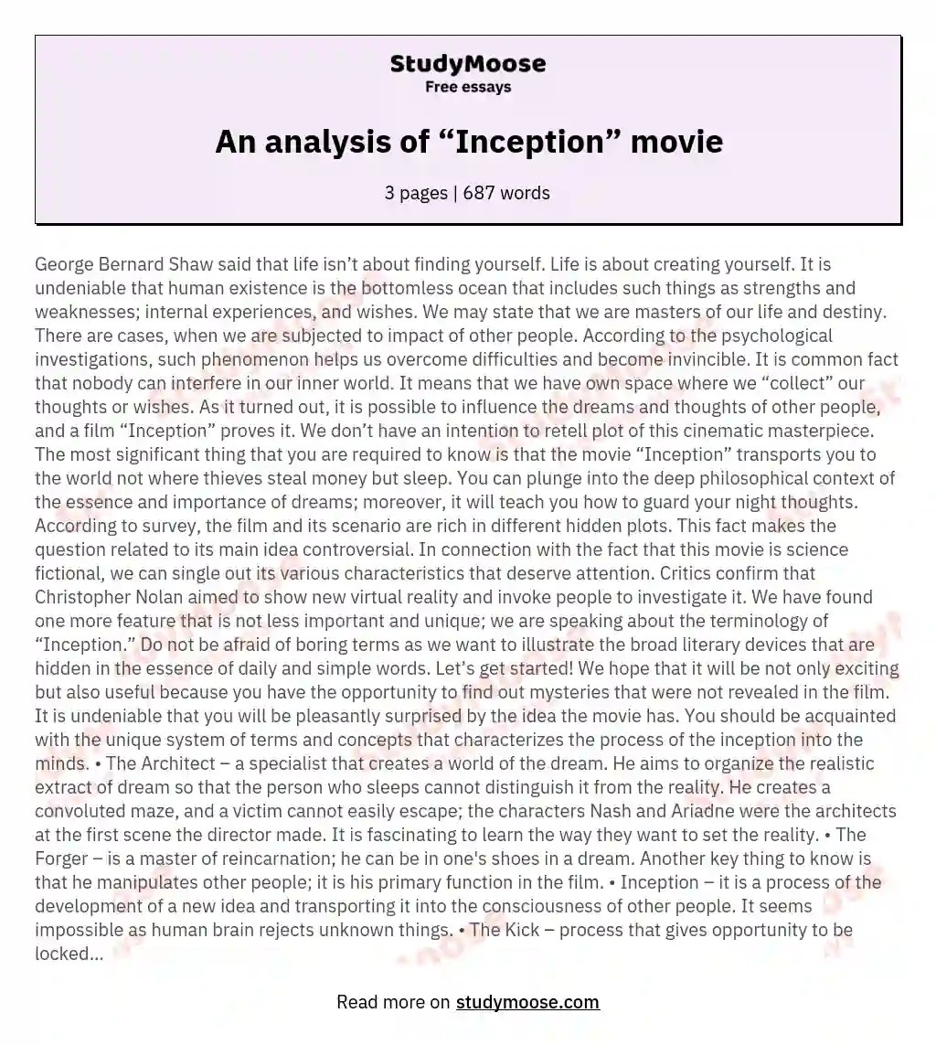 An analysis of “Inception” movie Free Essay Example