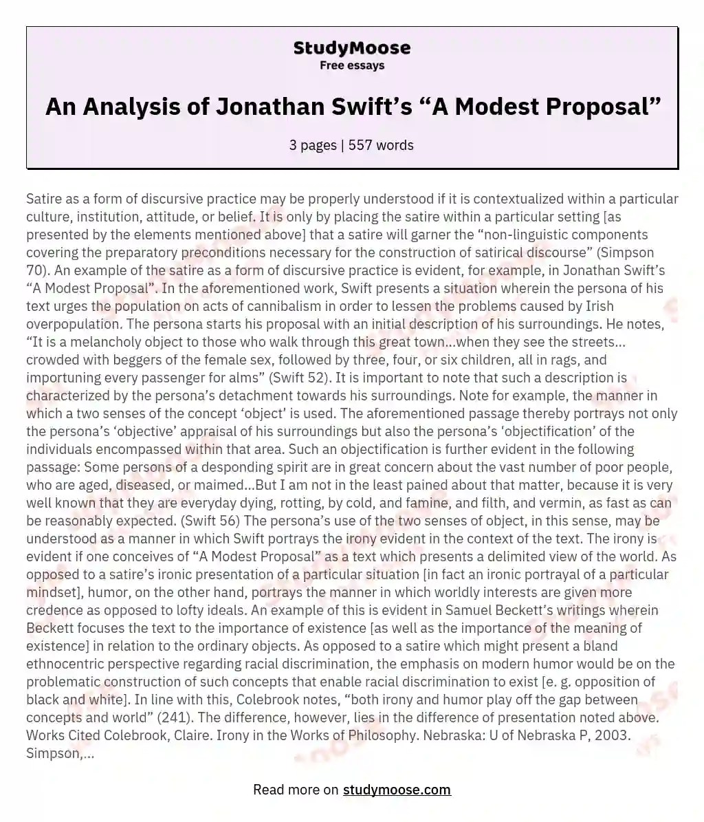 An Analysis of Jonathan Swift’s “A Modest Proposal” Free Essay Example