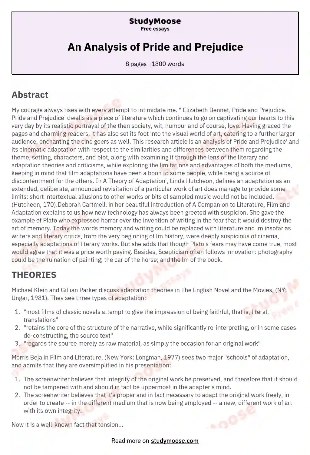 An Analysis of Pride and Prejudice Free Essay Example