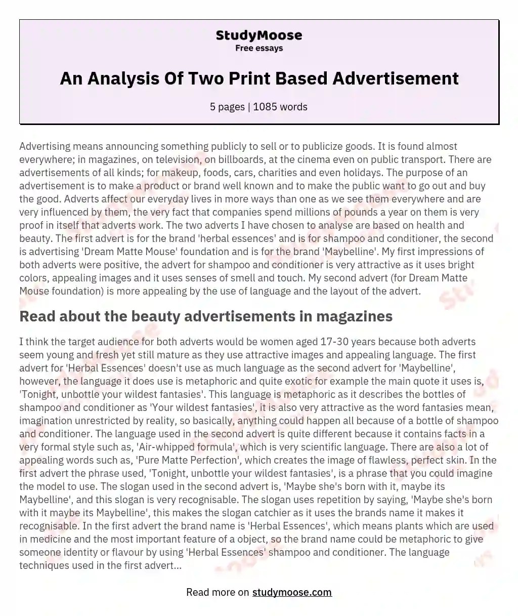 An Analysis Of Two Print Based Advertisement Free Essay Example