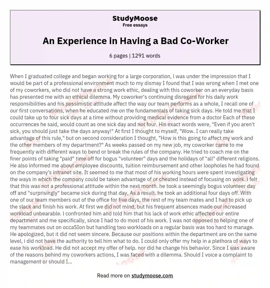 An Experience in Having a Bad CoWorker Free Essay Example