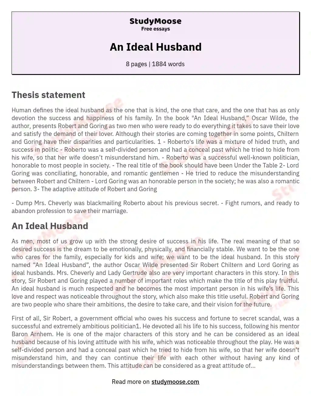 An Ideal Husband Free Essay Example