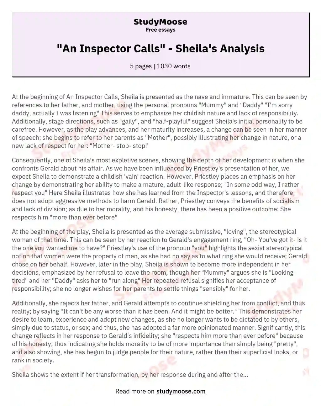 "An Inspector Calls" Sheila's Analysis Free Essay Example