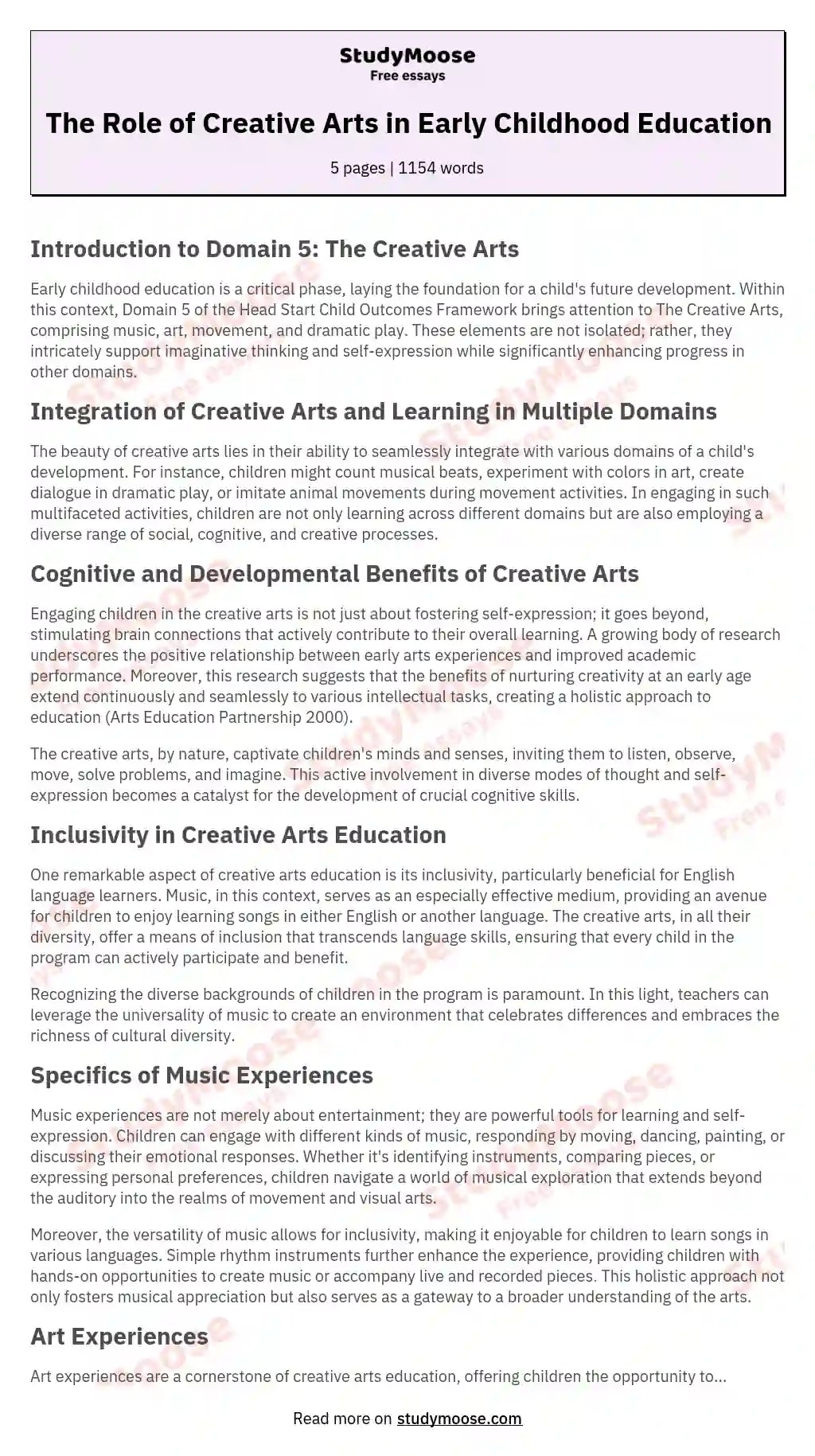 The Role of Creative Arts in Early Childhood Education Free Essay Example