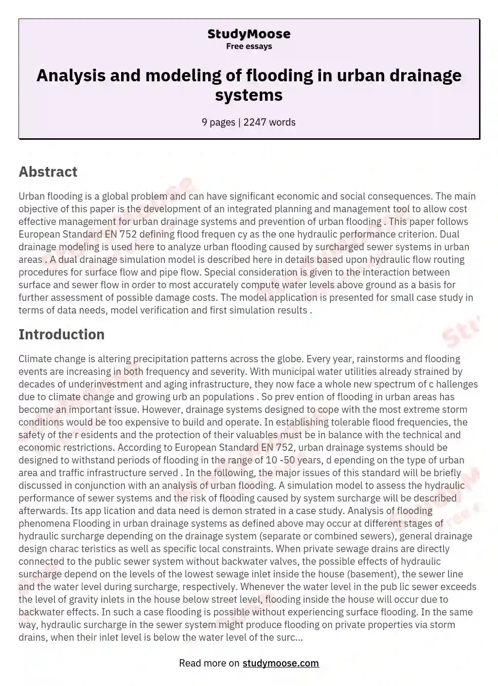 Analysis and modeling of flooding in urban drainage systems Free Essay