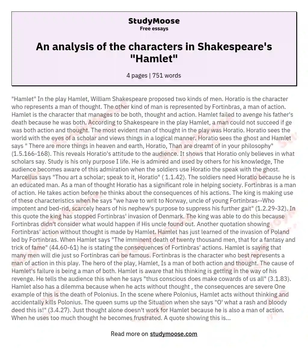 An analysis of the characters in Shakespeare's "Hamlet" Free Essay Example
