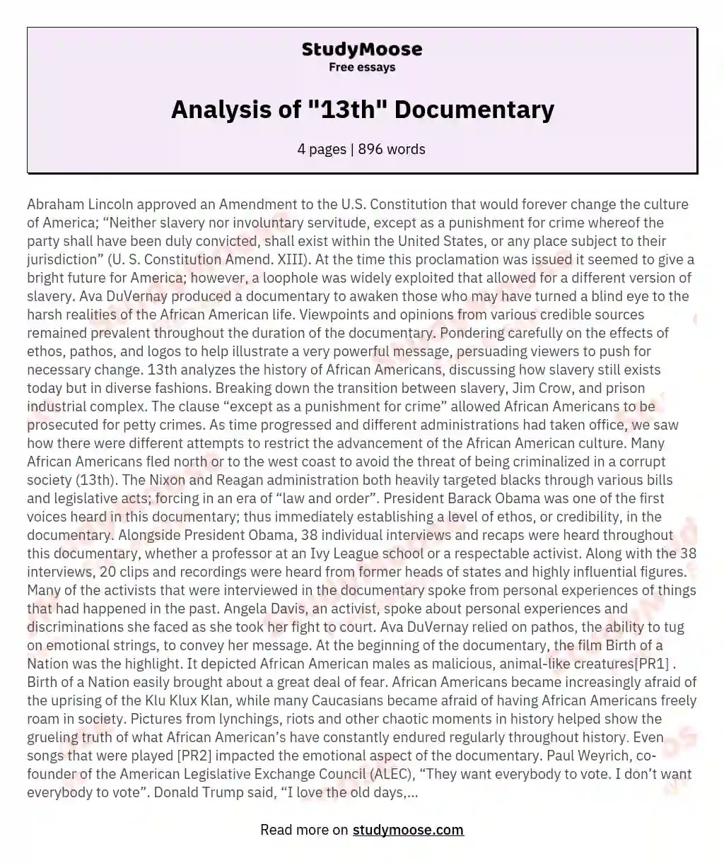 Analysis of "13th" Documentary Free Essay Example