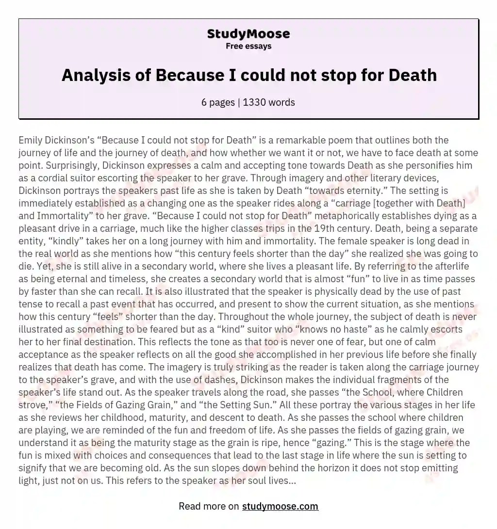 Analysis of Because I could not stop for Death Free Essay Example
