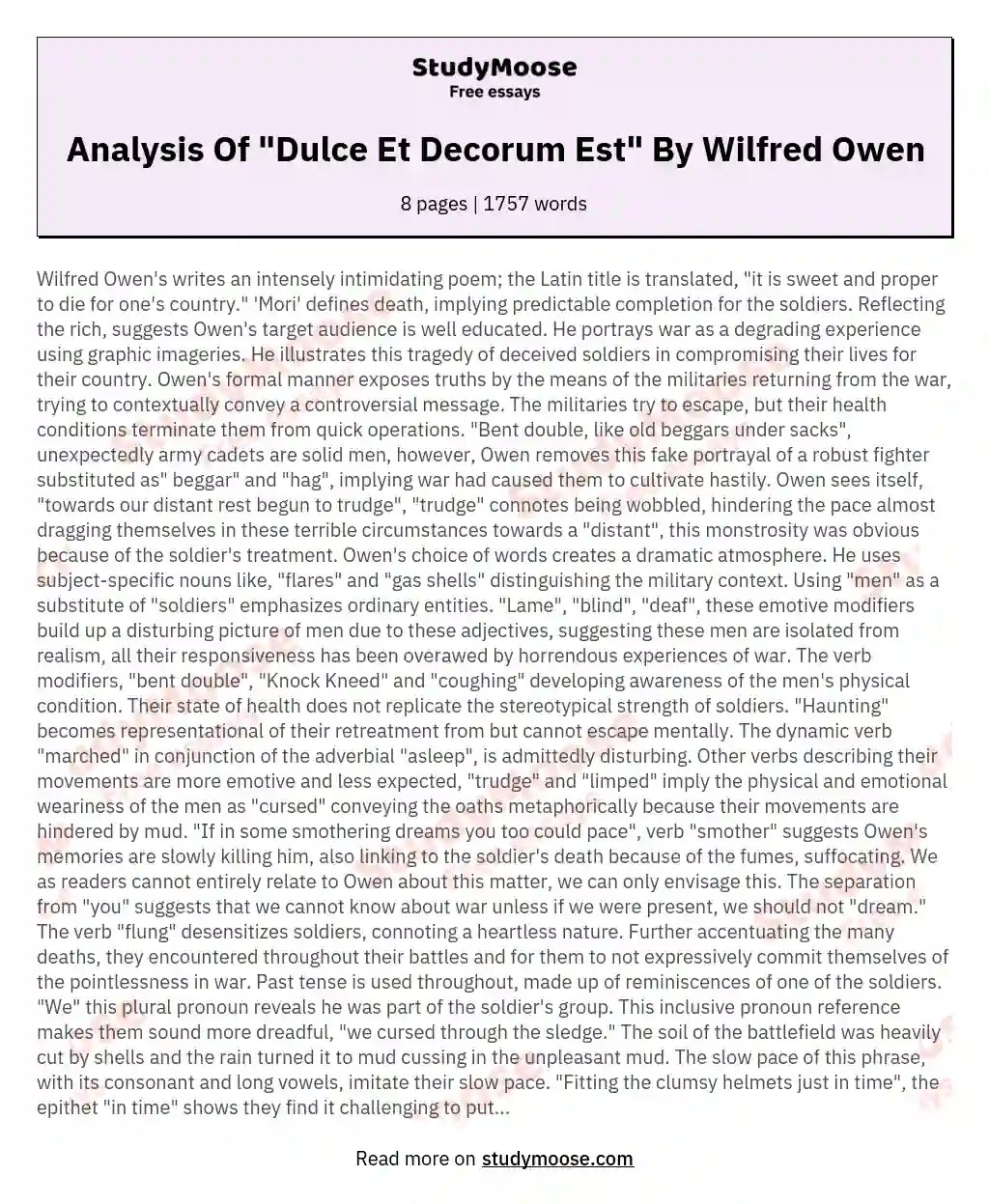 Analysis Of "Dulce Et Decorum Est" By Wilfred Owen Free Essay Example