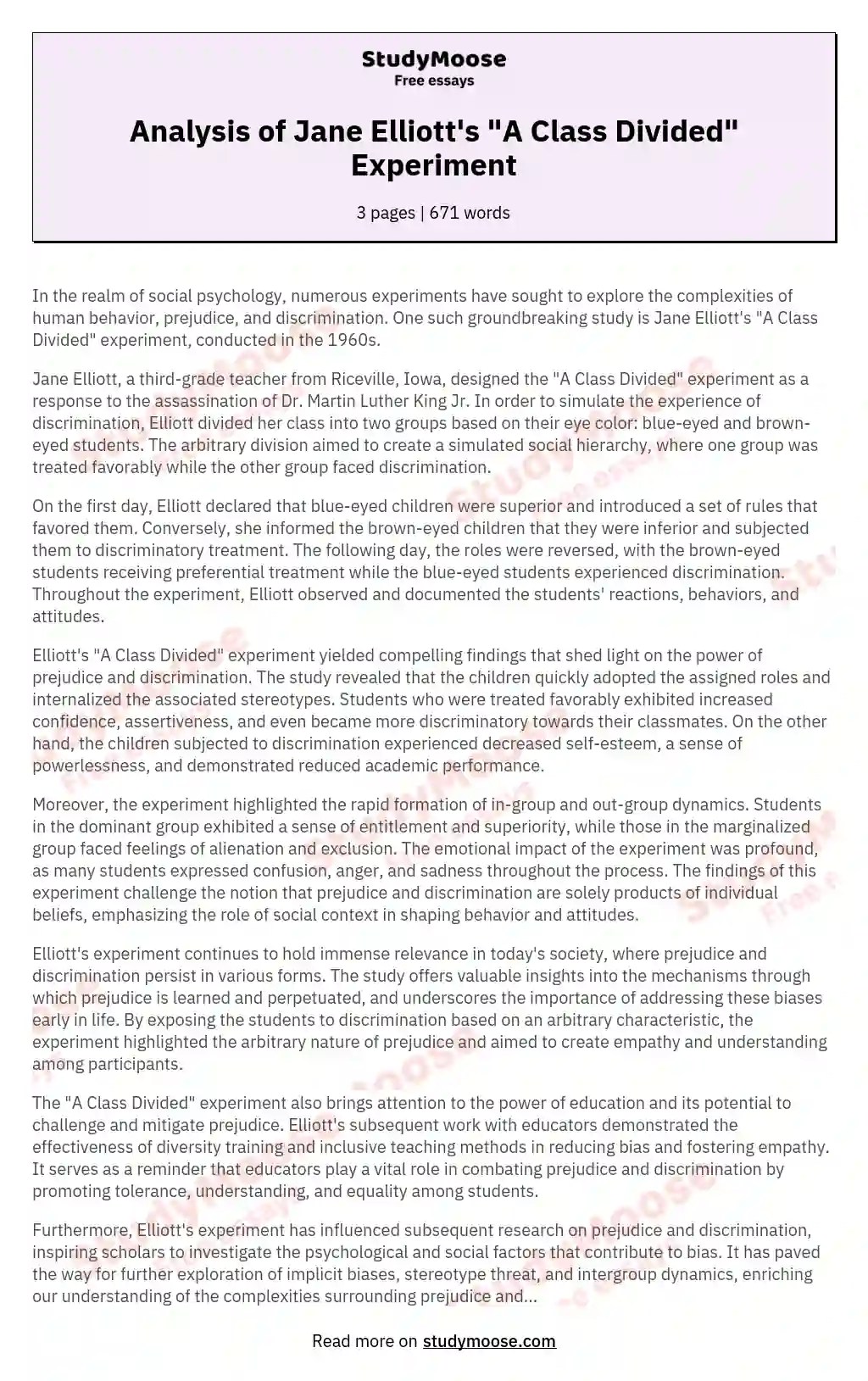 Analysis of Jane Elliott's "A Class Divided" Experiment Free Essay Example