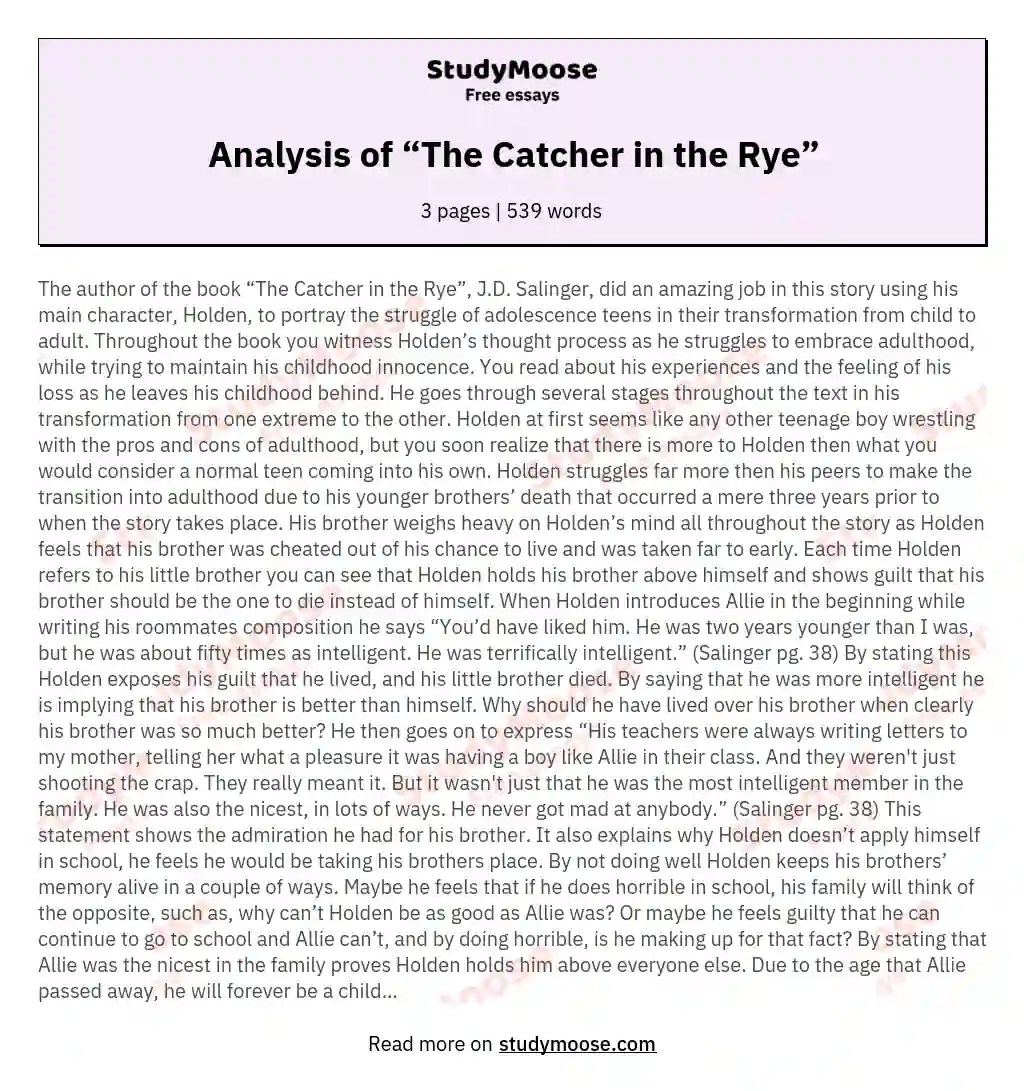 Analysis of “The Catcher in the Rye” Free Essay Example
