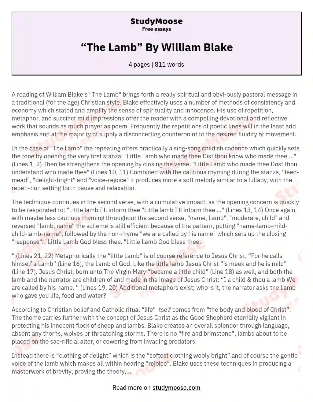 “The Lamb” By William Blake Free Essay Example