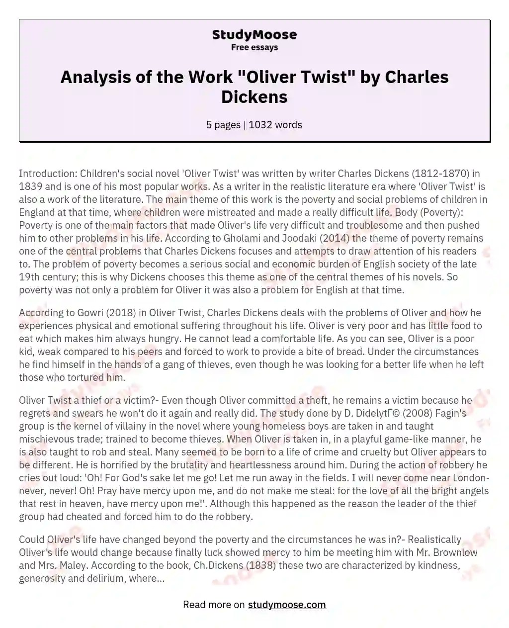 Analysis of the Work "Oliver Twist" by Charles Dickens Free Essay Example