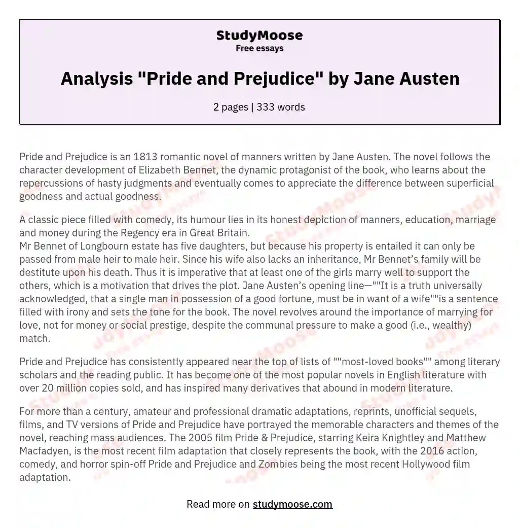 Analysis "Pride and Prejudice" by Jane Austen Free Essay Example