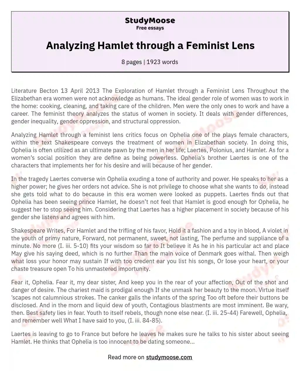 Analyzing Hamlet through a Feminist Lens Free Essay Example