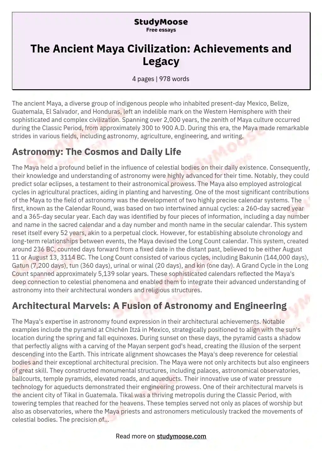 The Ancient Maya Civilization Achievements and Legacy Free Essay Example