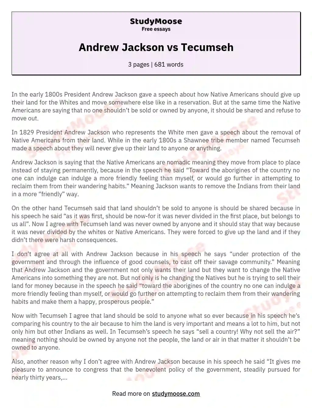 Andrew Jackson vs Tecumseh Free Essay Example