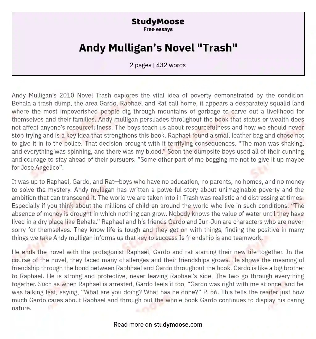 Andy Mulligan’s Novel "Trash" Free Essay Example