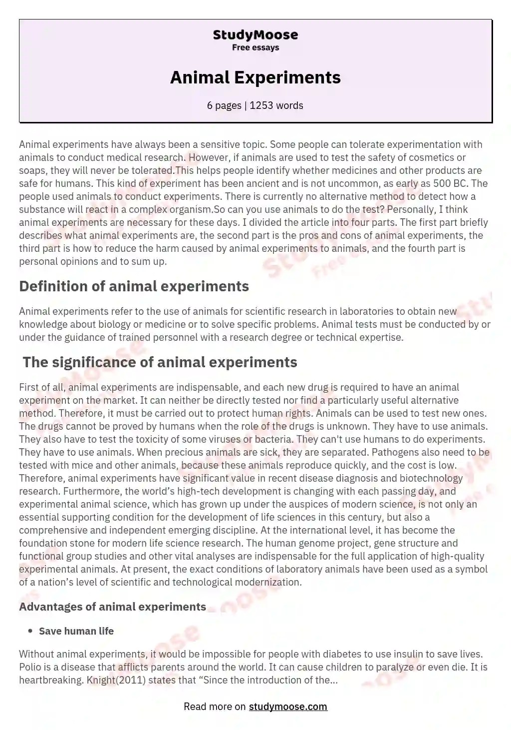 Animal Experiments Free Essay Example