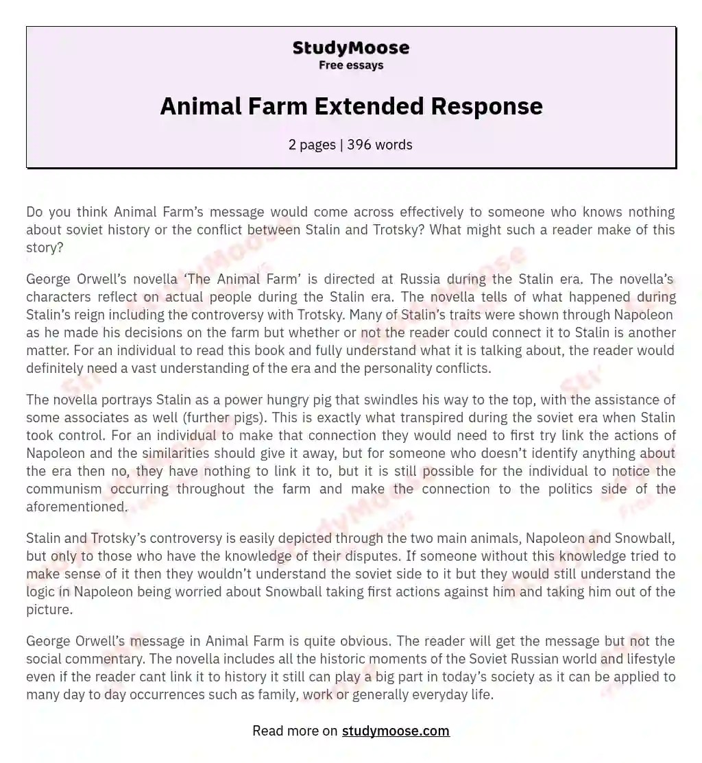 Animal Farm Extended Response Free Essay Example
