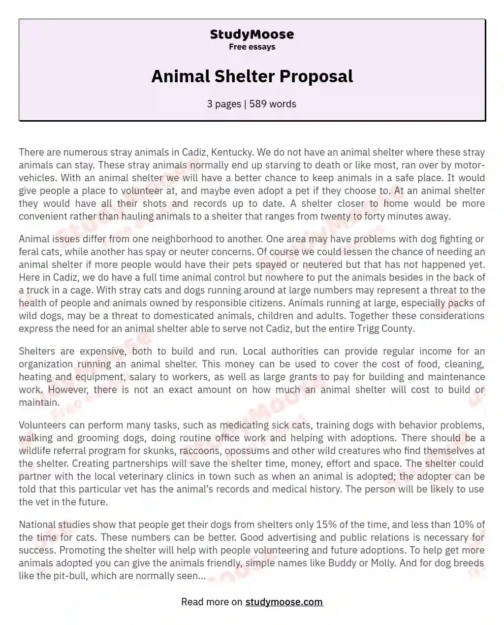 Animal Shelter Proposal Free Essay Example