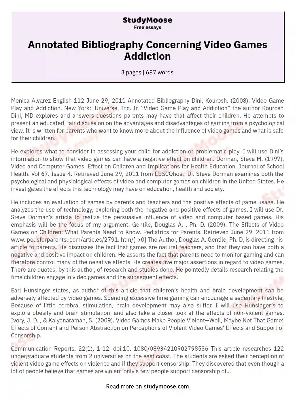 Annotated Bibliography Concerning Video Games Addiction Free Essay Example
