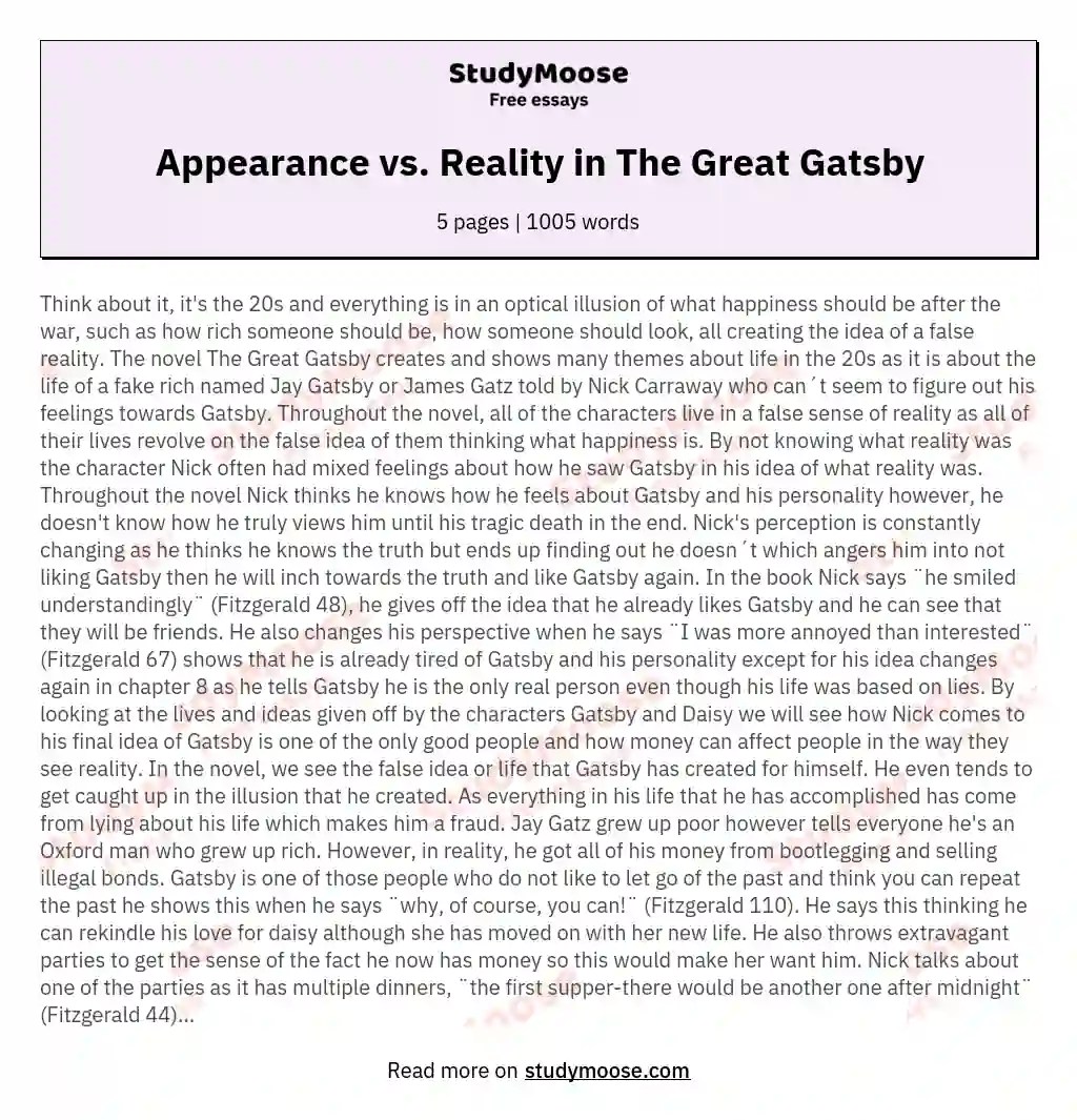 Appearance vs. Reality in The Great Gatsby Free Essay Example
