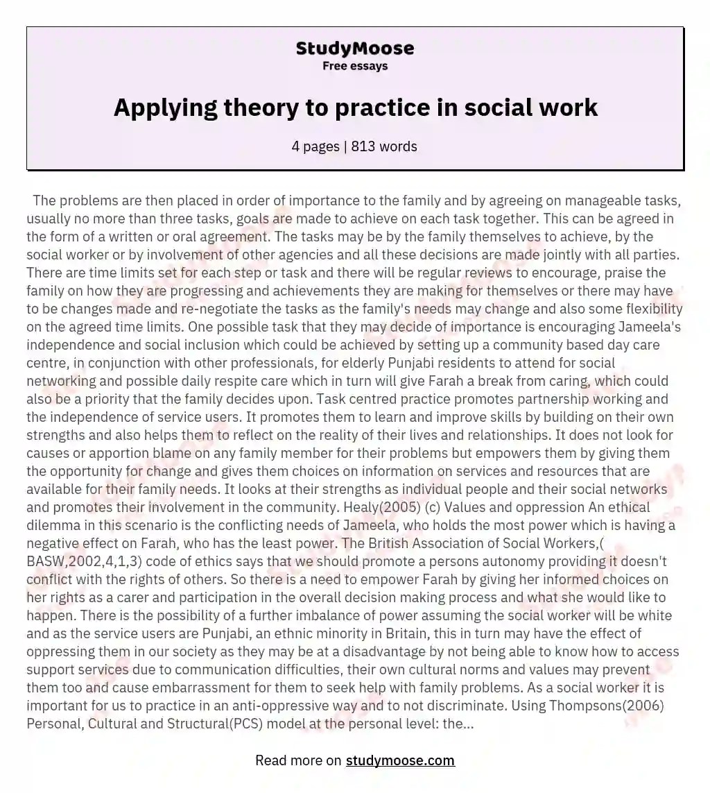 Applying theory to practice in social work Free Essay Example