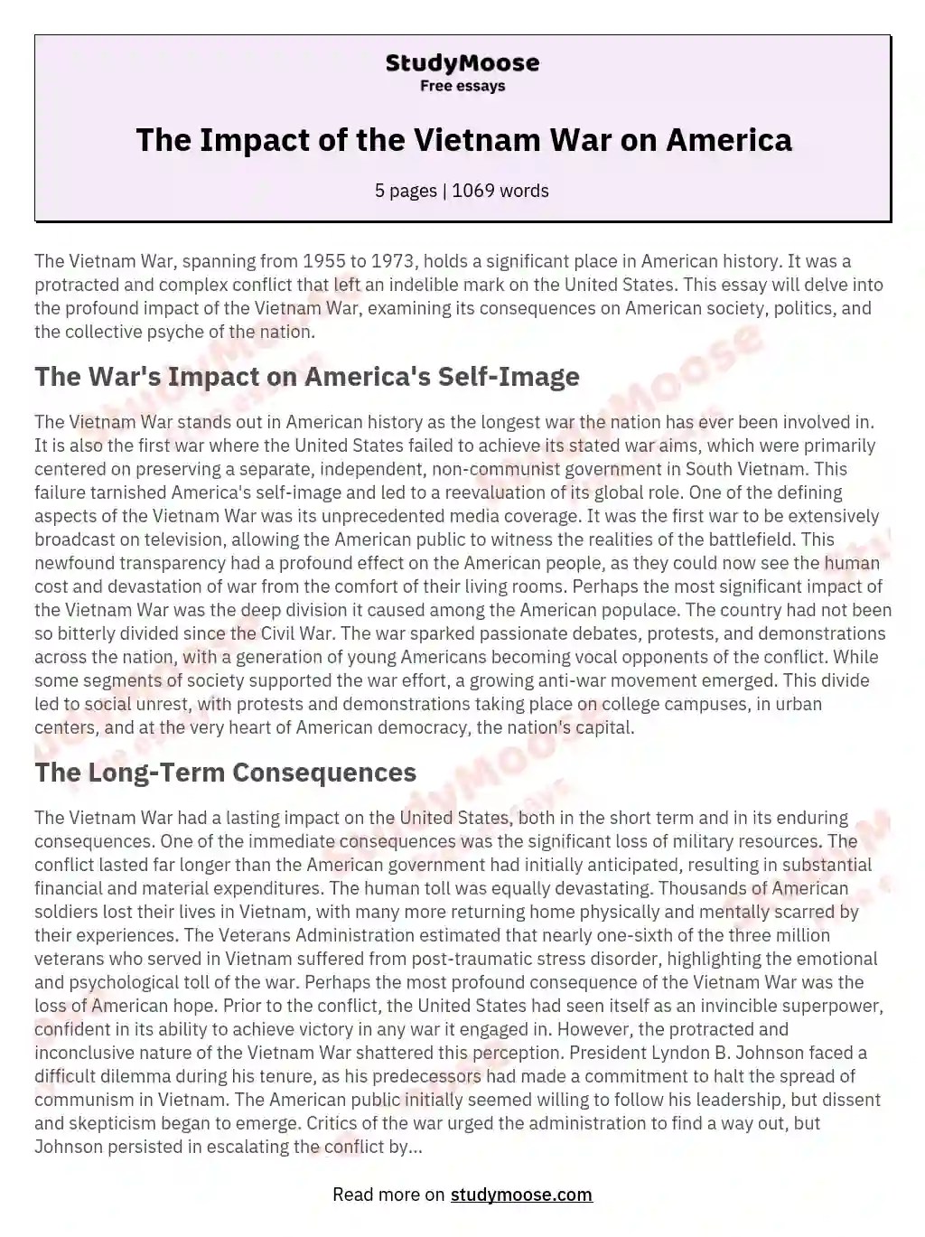 The Impact of the Vietnam War on America Free Essay Example